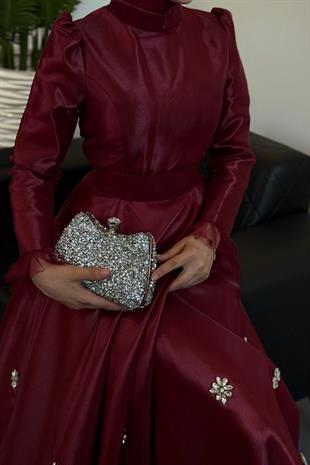 Joenne Taşlı Altı Tüylü Tafta Abiye Bordo