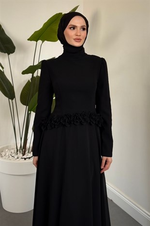 Jolienne Beli Gül Detaylı Abiye Siyah