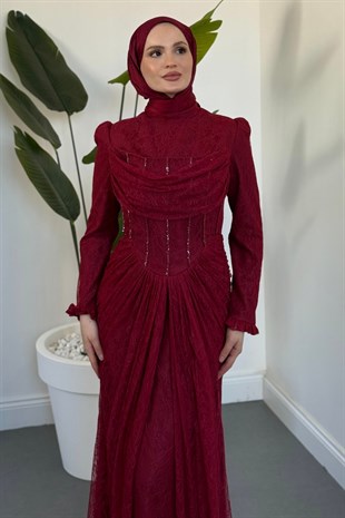Juliet Noir Korse Detay Dantel Abiye Bordo