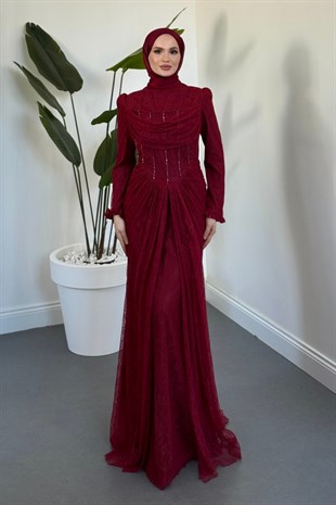 Juliet Noir Korse Detay Dantel Abiye Bordo