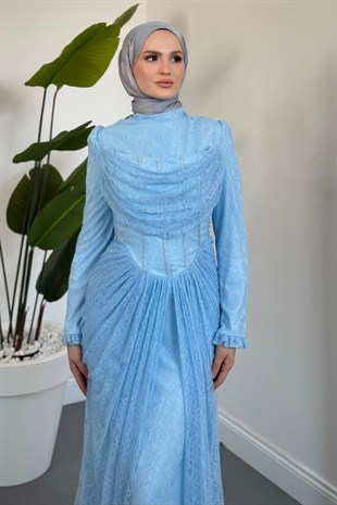 Juliet Noir Korse Detay Dantel Abiye Bebe Mavisi
