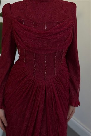 Juliet Noir Korse Detay Dantel Abiye Bordo