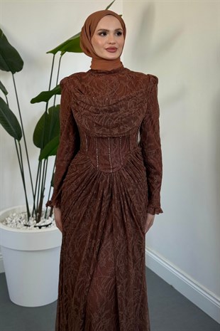 Juliet Noir Korse Detay Dantel Abiye Bakır