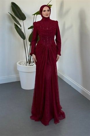 Juliet Noir Korse Detay Dantel Abiye Bordo