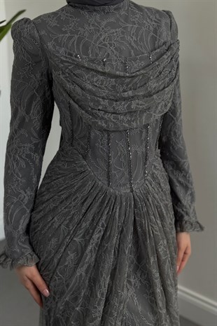 Juliet Noir Korse Detay Dantel Abiye Füme
