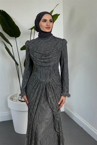 Juliet Noir Korse Detay Dantel Abiye Füme