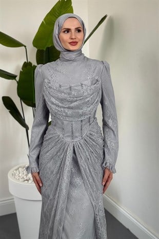 Juliet Noir Korse Detay Dantel Abiye Gri