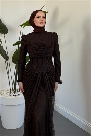 Juliet Noir Korse Detay Dantel Abiye Kahverengi