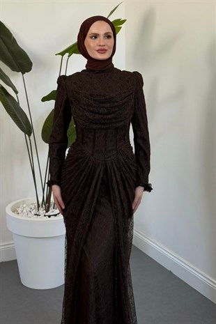 Juliet Noir Korse Detay Dantel Abiye Kahverengi
