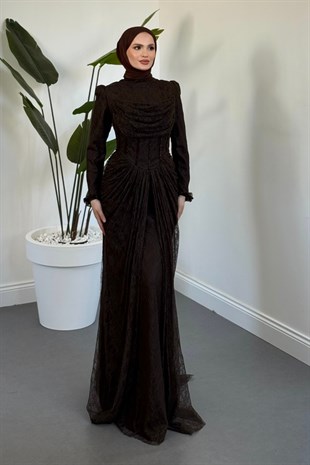 Juliet Noir Korse Detay Dantel Abiye Kahverengi