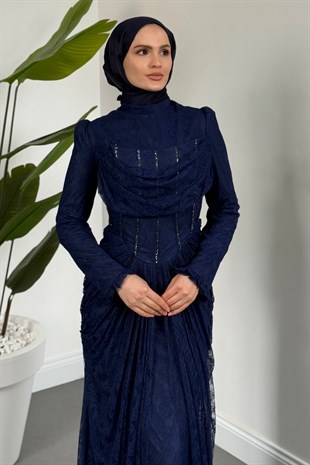 Juliet Noir Korse Detay Dantel Abiye Lacivert