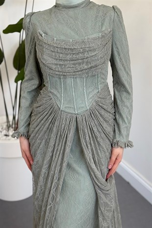 Juliet Noir Korse Detay Dantel Abiye Mint