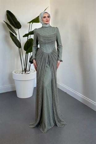 Juliet Noir Korse Detay Dantel Abiye Mint