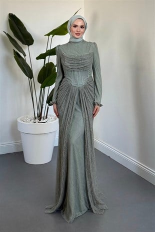 Juliet Noir Korse Detay Dantel Abiye Mint