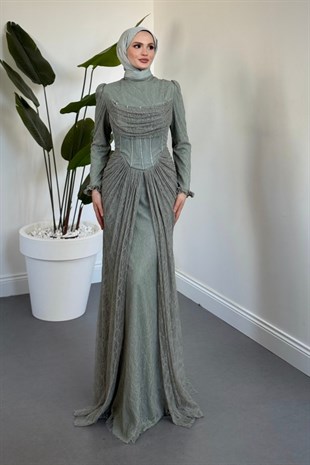 Juliet Noir Korse Detay Dantel Abiye Mint
