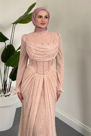 Juliet Noir Korse Detay Dantel Abiye Nude 