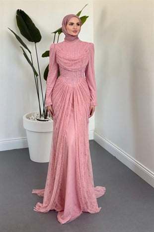 Juliet Noir Korse Detay Dantel Abiye Rose