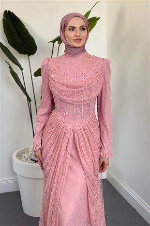 Juliet Noir Korse Detay Dantel Abiye Rose