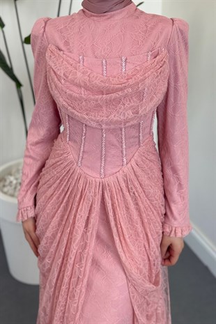 Juliet Noir Korse Detay Dantel Abiye Rose