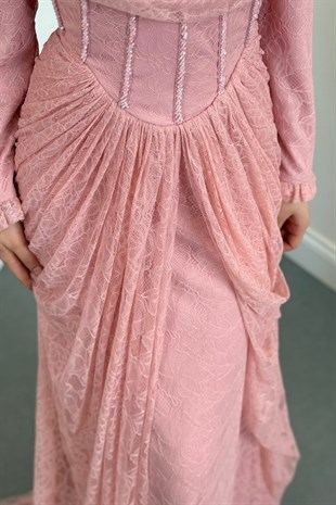 Juliet Noir Korse Detay Dantel Abiye Rose