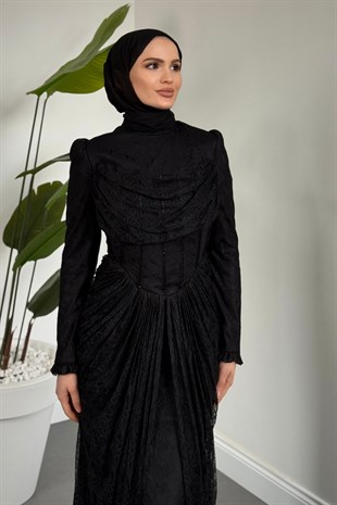 Juliet Noir Korse Detay Dantel Abiye Siyah