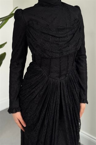 Juliet Noir Korse Detay Dantel Abiye Siyah