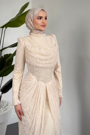 Juliet Noir Korse Detay Dantel Abiye Somon