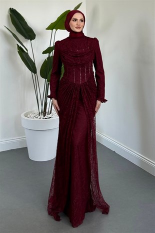 Juliet Noir Korse Detay Dantel Abiye Vişne Çürüğü