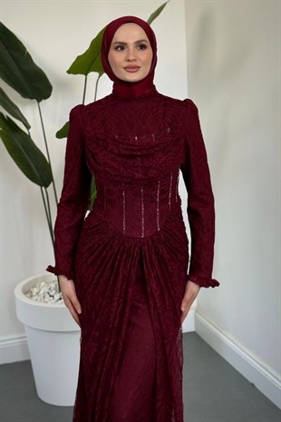 Juliet Noir Korse Detay Dantel Abiye Vişne Çürüğü