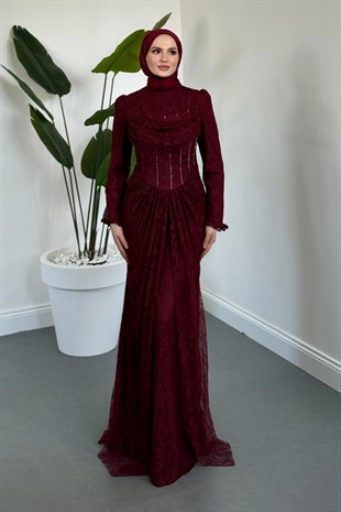 Juliet Noir Korse Detay Dantel Abiye Vişne Çürüğü