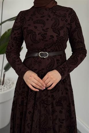 Jumana Kemerli Desenli Tül Elbise Kahverengi