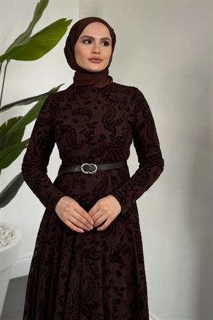 Jumana Kemerli Desenli Tül Elbise Kahverengi