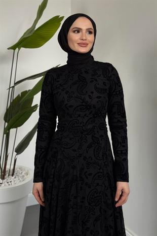 Jumana Kemerli Desenli Tül Elbise Siyah