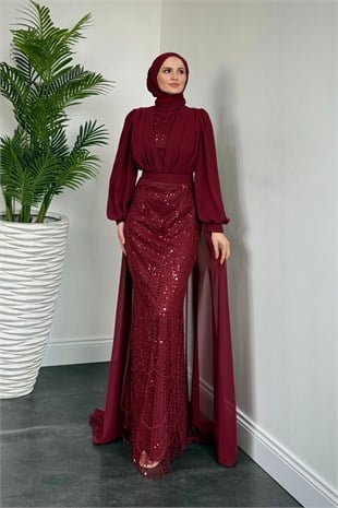 Justina Boncuklu Pelerinli Abiye Bordo 