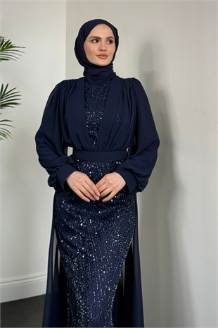 Justina Boncuklu Pelerinli Abiye Lacivert