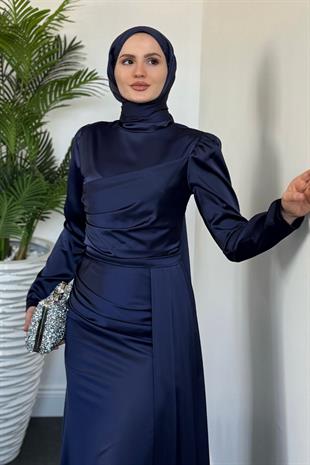 Perisa Yandan Pelerinli Abiye Lacivert