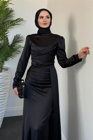 Perisa Yandan Pelerinli Abiye Siyah
