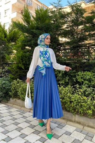 Kalın Kemerli Pileli Etek İndigo
