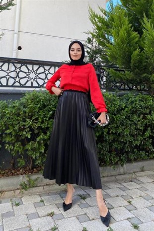 Kalın Kemerli Pileli Etek Siyah