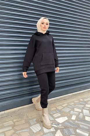 Kanguru Cepli Kapitone Takım Siyah