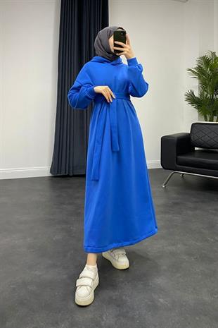 Kapüşonlu Sweat Elbise Saks