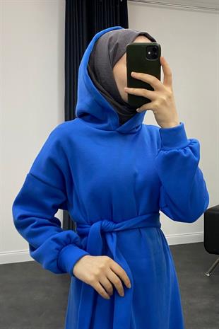 Kapüşonlu Sweat Elbise Saks