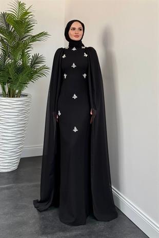 Karel Pelerinli Taşlı Krep Abiye Siyah