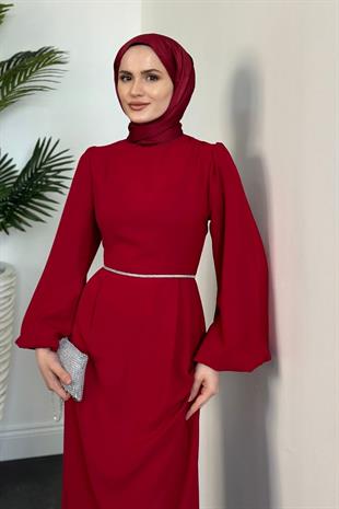 Karen Balon Kol Beli Taşlı Abiye Bordo