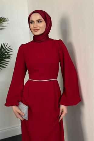 Karen Balon Kol Beli Taşlı Abiye Bordo