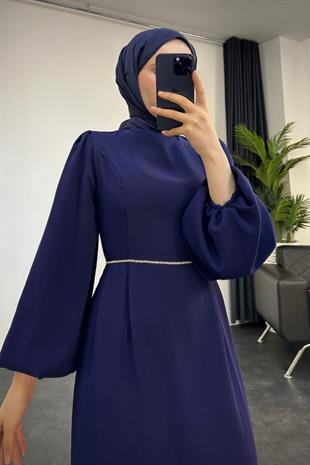 Karen Balon Kol Beli Taşlı Abiye Lacivert