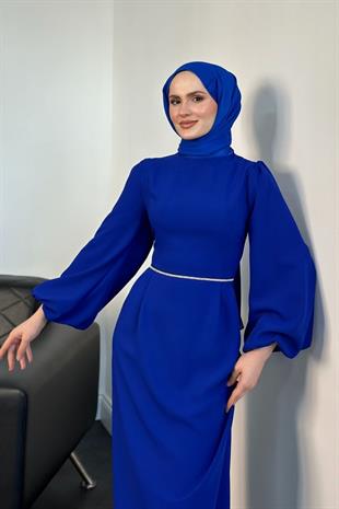 Karen Balon Kol Beli Taşlı Abiye Saks Mavisi