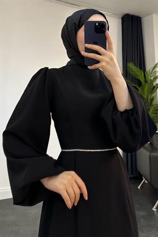 Karen Balon Kol Beli Taşlı Abiye Siyah