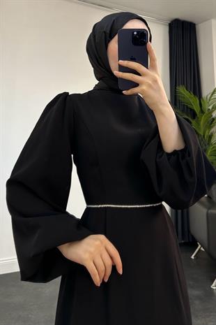 Karen Balon Kol Beli Taşlı Abiye Siyah
