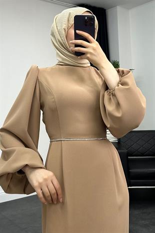 Karen Balon Kol Beli Taşlı Abiye Sütlü Kahve